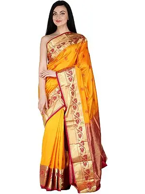 Dark-Cheddar Traditional Brocaded Sari from Bangalore with Woven Flowers and Bootis