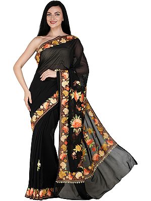 Sari from Kashmir with Aari Embroidered Flowers All-Over