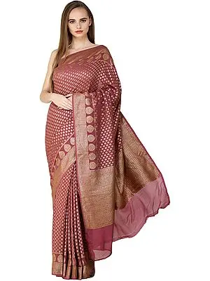 Rose-Wine Banarasi Sari with Woven Flowers and Bootis in Golden Thread
