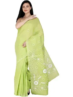 Bright-Lime Green Lukhnavi Chikan Sari with Hand-Embroidered White Flowers on Aanchal