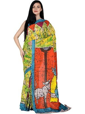 Multicolor Batik Sari from Madhya Pradesh with Printed Krishna with Cows (Gopala)