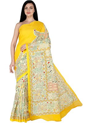 Lemon-Chrome Sari  with Printed Madhubani Folk Motifs All-Over