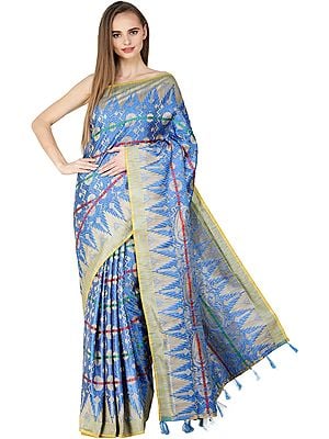 Malibu-Blue Embroidered Saree from Assam with Woven Temple Border and Bootis