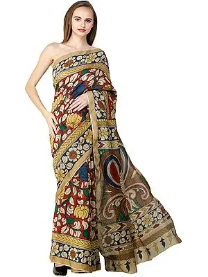 Multicolor Kalamkari Sari from Seemandhra with Painted Flowers and Peacocks