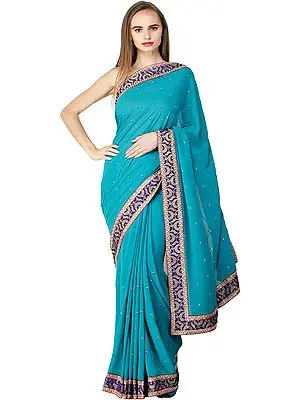 Lake-Blue Georgette Saree with Patch Border and Crystals All-Over