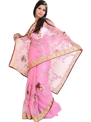Prism-Pink Net Sari with All-Over Floral Aari Embroidery and Crystals