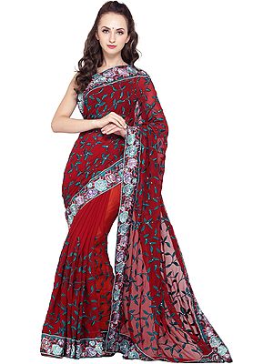 Deep-Claret Georgette Sari with Stones Embellished Floral Patch Border and Sequins