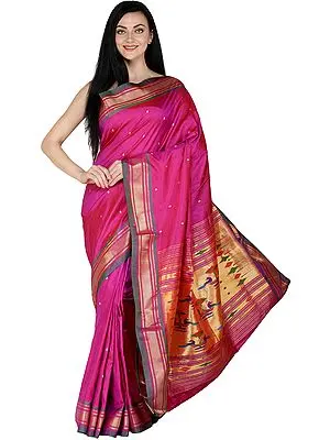 Fuchsia-Purple Paithani Sari with Hand-Woven Border and Peacocks on Pallu