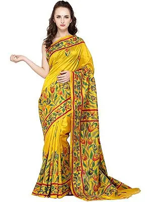 Golden-Rod Sari from Kolkata with Kantha Hand-Embroidered Flowers All-Over
