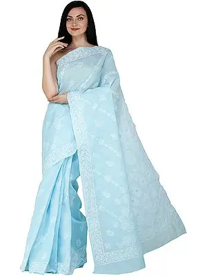 Norse-Blue Lukhnavi Chikan Sari with Hand-Embroidered White Flowers and Paisleys