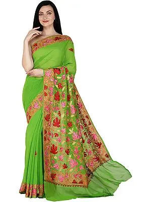 Classic-Green Sari from Kashmir with Aari Embroidered Chinar Leaves All-Over