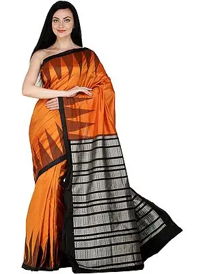 Dark-Cheddar Handloom Bomkai Sari from Orissa with Temple Border and Fishes Woven on Pallu