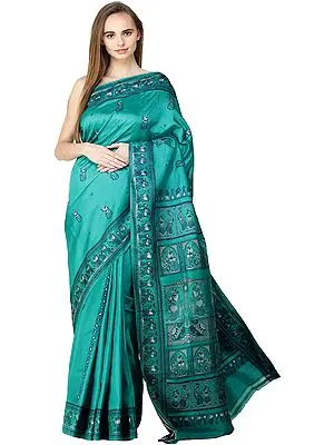Blue-Grass Baluchari Sari from Bengal with Dancing Apsaras on Aanchal