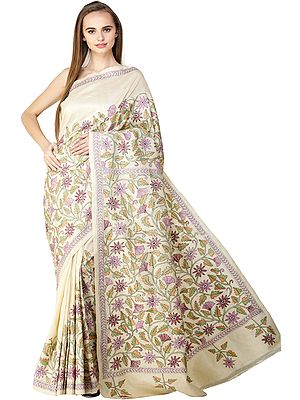 Double-Cream Sari from Kolkata with Kantha Hand-Embroidered Flowers