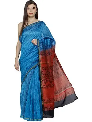 Blue-Jay Mriganayani Chanderi Sari from Madhya Pradesh with Kalamkari Block Print