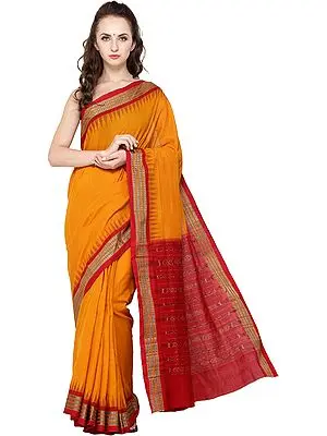 Apricot-Stuff Sambhalpuri Handloom Sari from Orissa with Ikat Weave on Pallu