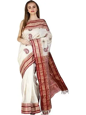 Deep-Claret and Beige Dhakai Sari from Bengal with Woven Paisleys and Brocaded Border