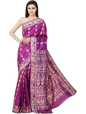 Sari with Gita Border and Pallu Depicting Images of Radha-Krishna (Fuchsia-Purple Baluchari)