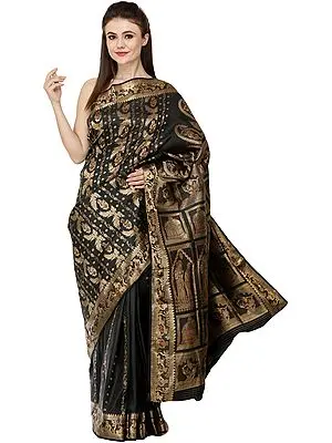 Caviar-Black Baluchari Sari from Bengal Showing the Story of Dushyant and Shakuntala and Love Gods Kamadeva and Rati