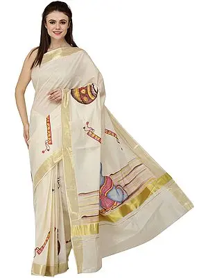 Off-White Kasavu Sari from Kerala with Zari-Woven Border and Butter-Thief Krishna (Baal Gopal)