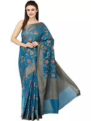 Kora-Cotton Sari from Banaras with Zari Thread Woven Bootis and Florals