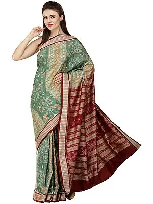 Frosty-Spruce and Maroon Sambhalpuri Handloom Sari from Orissa with Ikat Woven Peacocks and Elephants
