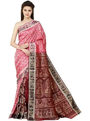 Radha and Krishna Fuchsia-Rose Zari-Woven Fusion Baluchari Sari from Bengal