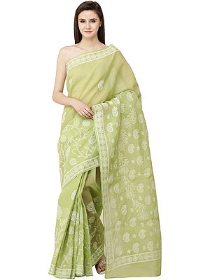 Lily-Green Lukhnavi Chikan Sari with Hand-Embroidered White Flowers and Paisleys