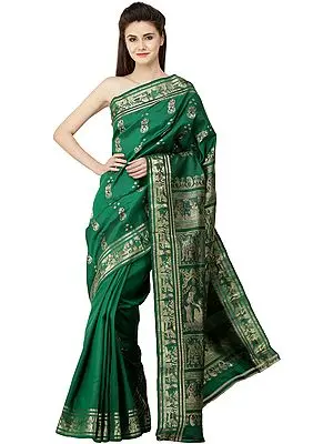 Emerald Green Baluchari Handloom Silk Saree with Radha-Krishna Hindola Leela and Dushyanta-Shakuntala