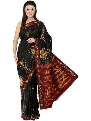 Phantom-Black Zari-Emboidered Chalukya Sari with Stones and Sequins Embellished Florals All-Over