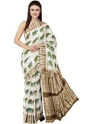 The March of Elephants (Off-White Printed Sari)