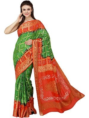 Tigerlily-Orange and Green Bandhani Tie-Dye Sari from Gujarat with Zari Thread Woven Bootis and Flowers