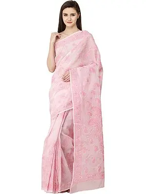 Rose-Shadow Lukhnavi Chikan Sari with Hand-Embroidered Pink Flowers and Paisleys