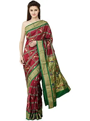 Beet-Red Handloom Uppada Sari with Brocaded Paithani Pallu and Peacocks All-Over