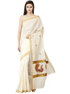 Ivory Kasavu Sari from Kerala with Embroidered Peacocks and Golden Border