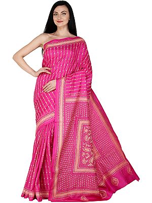 Fuchsia-Rose Sari from Kolkata with Kantha Hand-Embroidered Motifs All-Over