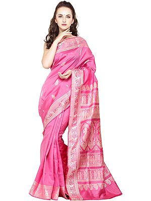 Azelea-Pink Baluchari Sari from Bengal with Zari Woven Hindu Mythological Episodes from Ramayana