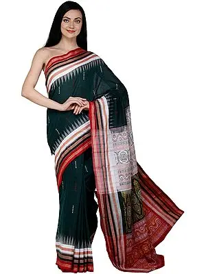 Ponderosa-Pine Bomkai Handloom Sari from Orissa with Woven Bootis on Border and Pallu