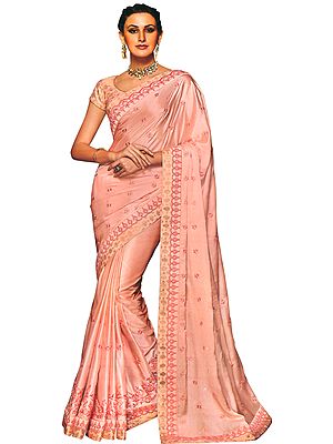 Peach-Parfait Floral Embroidered Designer Sari with Embellished Stones and Sequins