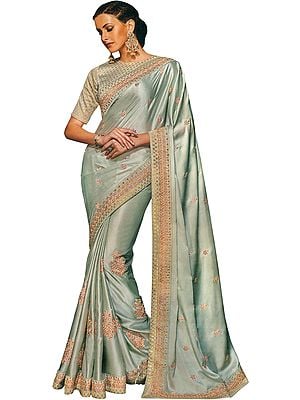 Storm-Gray Designer Sari with Floral Embroidery in Peach Thread and Crystals
