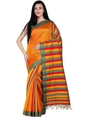 Mandarin-Orange Kosa Sari from Bengal with Woven Stripes on Pallu