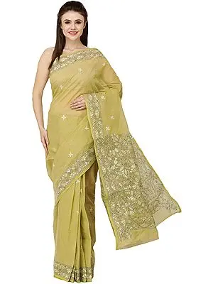Leek-Green Kantha Sari from Bengal with Hand-Embroidered Florals on Border and Pallu