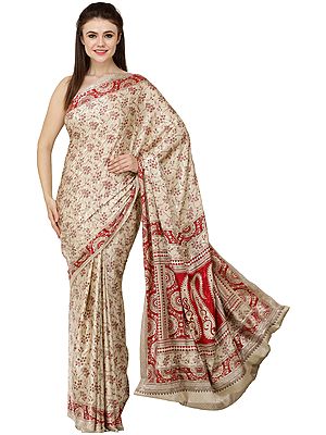 Beige Self-Weave Sari from Jaipur with Printed Florals and Paisleys All-Over