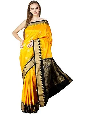 Radiant-Yellow and Black Uppada  Sari from Bangalore with Woven Bootis and Temple Border