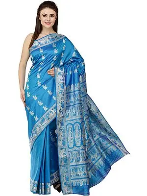 Mailbu-Blue Baluchari Sari from Bengal with Zari Woven Hindu Mythological Episodes from Mahabharata