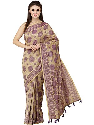 Gentian-Violet and Beige Sari from Assam with Woven Flowers and Paisleys on Border