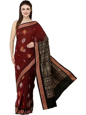 Apple-Butter Bomkai Handloom Sari from Orissa with Woven Bootis on Border and Pallu