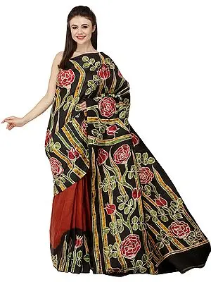 Caramel and Black Handloom Batik Sari from Madhya Pradesh with Printed Roses