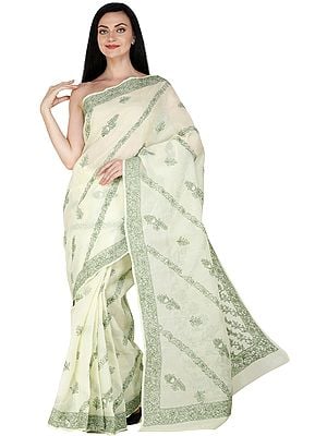 Citron Lukhnavi Chikan Saree with Hand-Embroidered Flowers All-Over