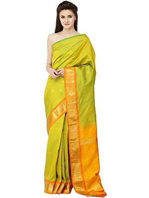 Sulphur-Spring Uppada Sari from Deccan with Zari-Woven Leaves and Border